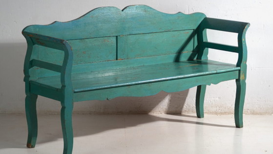 Antique green painted bench in pine wood – Central Europe, circa 1910 – Benches (photo 3 of 40)