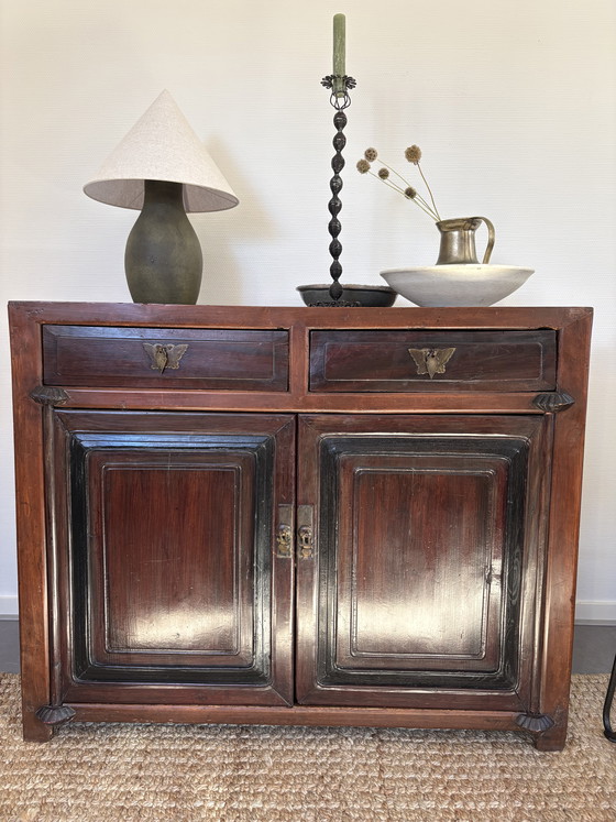 Image 1 of Antique Chinese lacquered wooden cabinet with drawers & doors