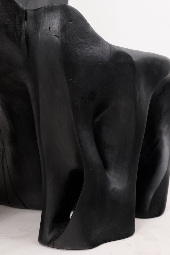 Image 1 of Fauteuil trône en bois noir carbonisé aux formes organiques par Logniture
