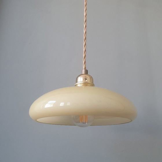 Vintage French Pendant Lamp - Pastel Yellow Opaline Glass – Metal (photo 7 of 12)