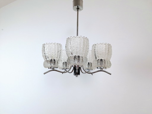 Vintage Pendant Crystal Light, Mid-Century Chandelier, Emi Poljcane with Five Crystal Lampshades