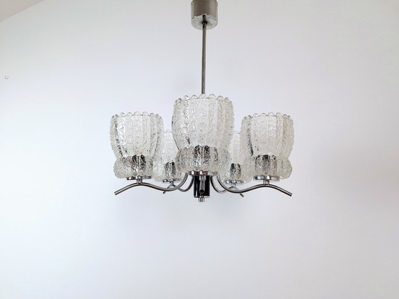 Image 1 of Vintage Pendant Crystal Light, Mid-Century Chandelier, Emi Poljcane with Five Crystal Lampshades