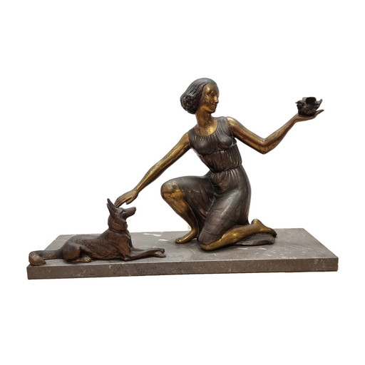 French Art Deco Statue Of A Lady With Shepherd, 1930s