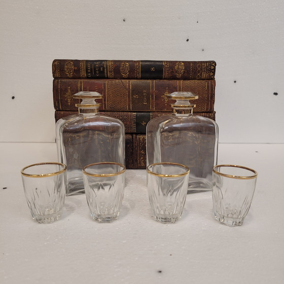 Image 1 of Decanter segreto, vetro tagliato, pelle goffrata, legno, FFS XIX - Francia