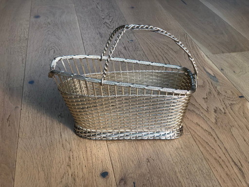 Cestino per bottiglie di vino in metallo argentato intrecciato