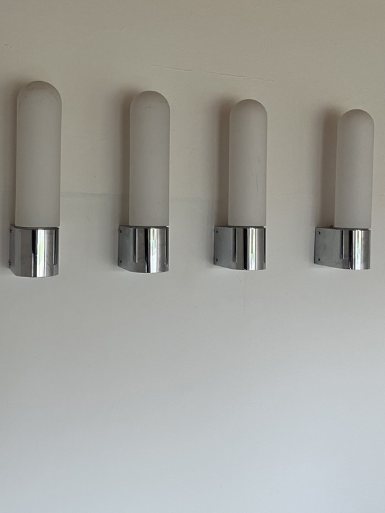 Image 1 of 4x Original "Glashütte Limburg 1970s" wall light opal glass chrome Germany!!
