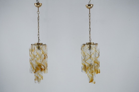 Image 1 of Een paar vintage Torciglione Murano glazen kroonluchters van Mazzega. Italië, jaren 70.