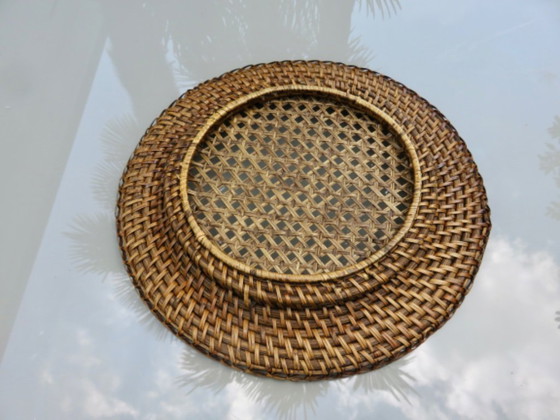 Image 1 of Set of 6 rattan and wicker platters, France, 1970