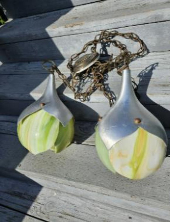 Image 1 of Vintage MCM 70s Double Pendant Green Slag Glass Tulip Lotus Light Chandelier