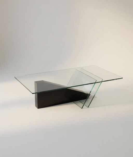 Rare Italian 1980s Post-Modern Coffee Table – salontafels, Glass, Wood (photo 2 of 7)
