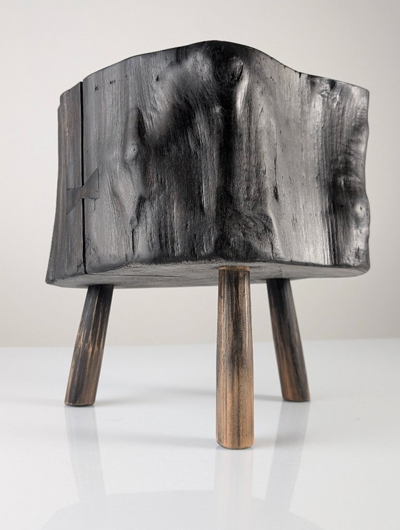 Image 1 of Black Ebonized Wabi-Sabi Wood Stool with Butterfly Joints