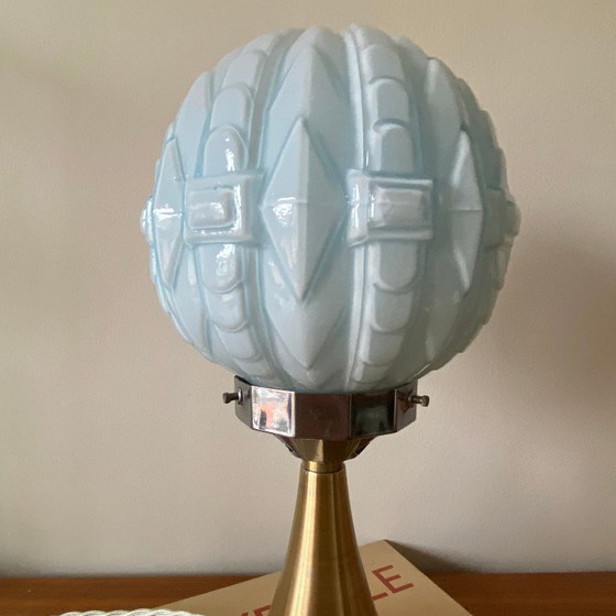 Image 1 of Vintage Art Deco Modernist Lamp in Blue Opaline Glass and Brass