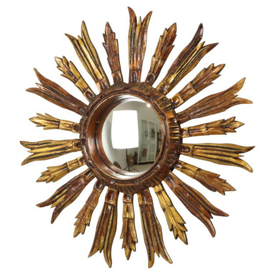 Image 1 of Vintage Wooden Sun Mirror Sunburst Gold Fifties 52cm