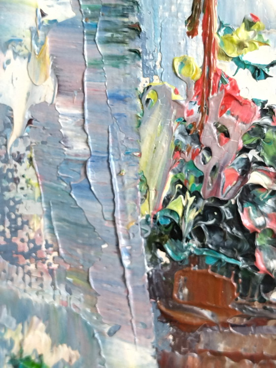 Image 1 of Oil painting on canvas - Mediterranean village - Knife painting technique