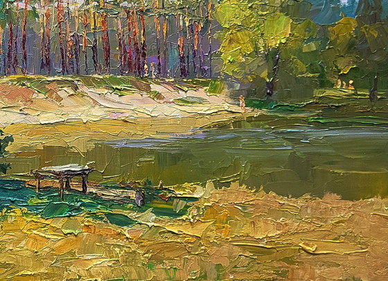 Image 1 of Dipinto ad olio originale, paesaggio naturale, lago estivo, ai margini del villaggio.
