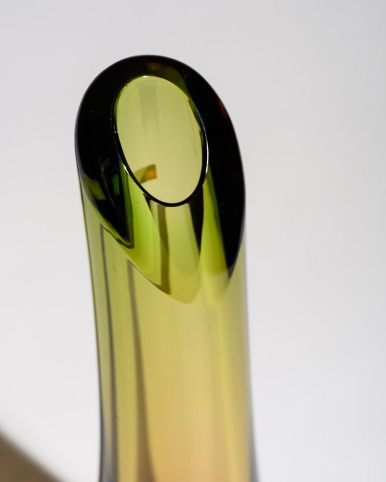 Image 1 of WMF Glass Vase Trio by Erich Jachmann – Sculptural Gradient Forms in Green & Amber, Germany, 1950s