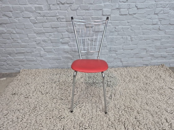 Image 1 of Set of 4 Vintage Design Kitchen Chairs with Metal Spindle Backs and Red Leatherette Seats, The Netherlands, 1960s