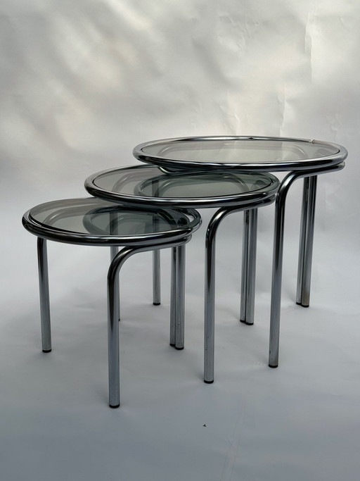 Vintage Space Age Nesting Tables in Chrome and Smoked Glass, 1970s/1980s