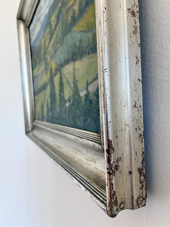 Image 1 of Peinture à l'huile originale vintage représentant un paysage champêtre.