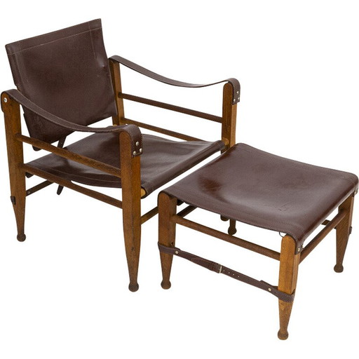Poltrona Safari vintage in legno di quercia e pouf in pelle di Aage Bruun and Son, anni '60