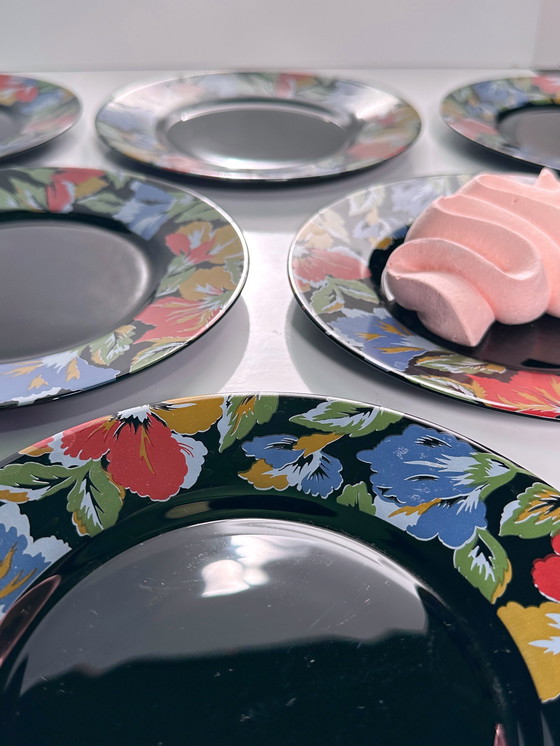 Image 1 of 6x Piatti da torta vintage Arcoroc Fiori neri Francia Set anni '80-'90 Luminarc Octime Francia Rosso Blu Giallo
