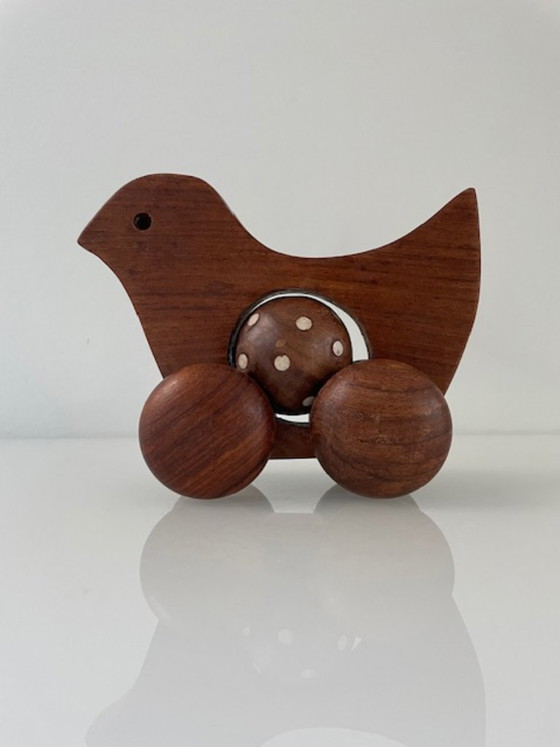 Image 1 of Vintage Scandinavian wooden duck on wheels