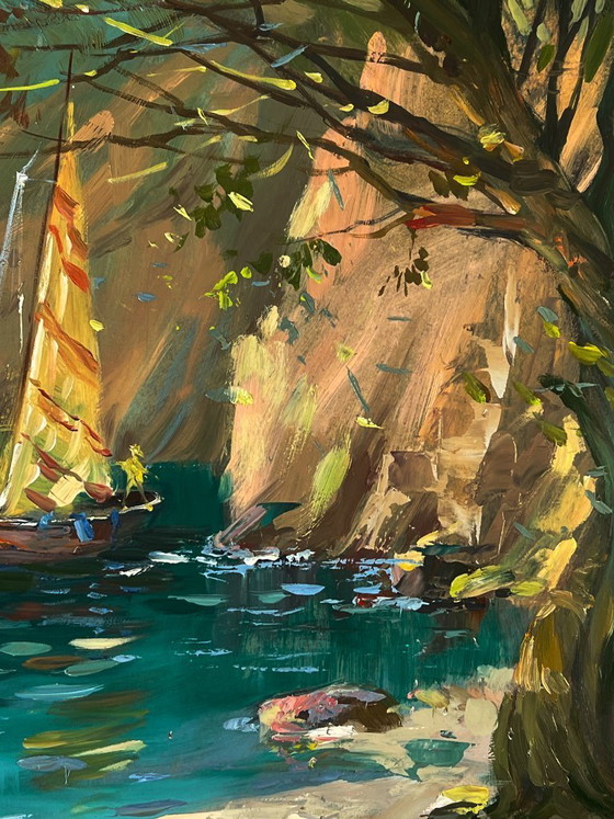 Image 1 of Dipinto ad olio originale: Paesaggio marino con barca a vela, scogli e barche sulla riva.