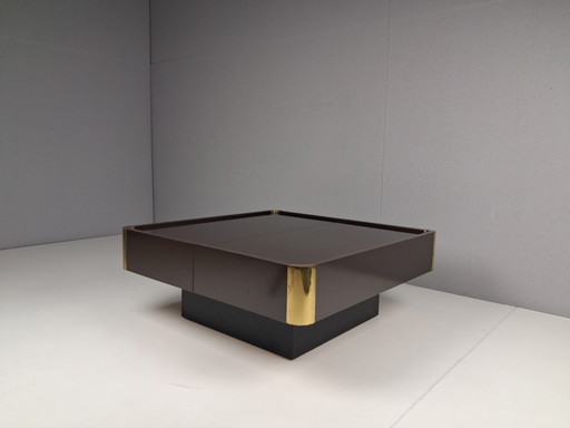 Vintage Belgo Chrom Salontafel Met Verborgen Bar, Jaren 70 – Belgochrom, Brass, Wood