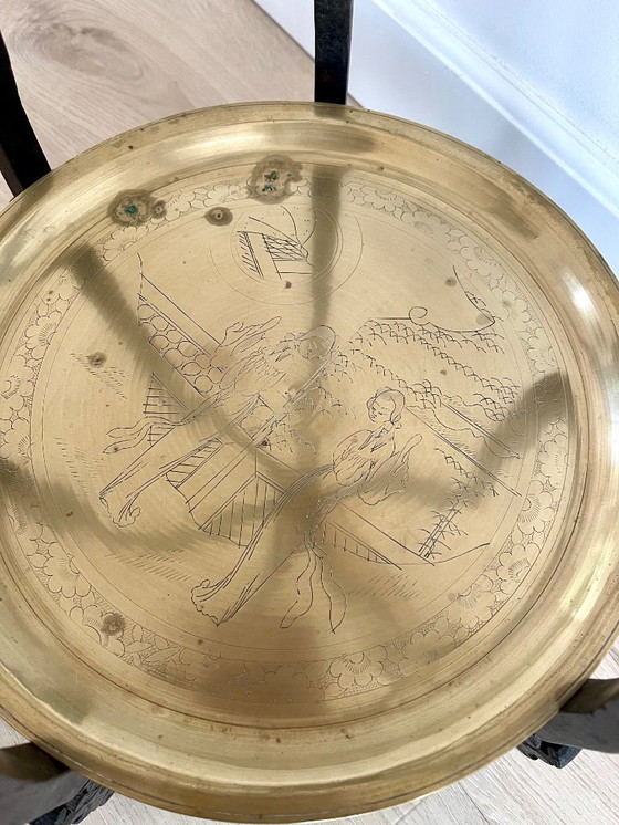Image 1 of Table à thé asiatique ancienne avec bols en bronze