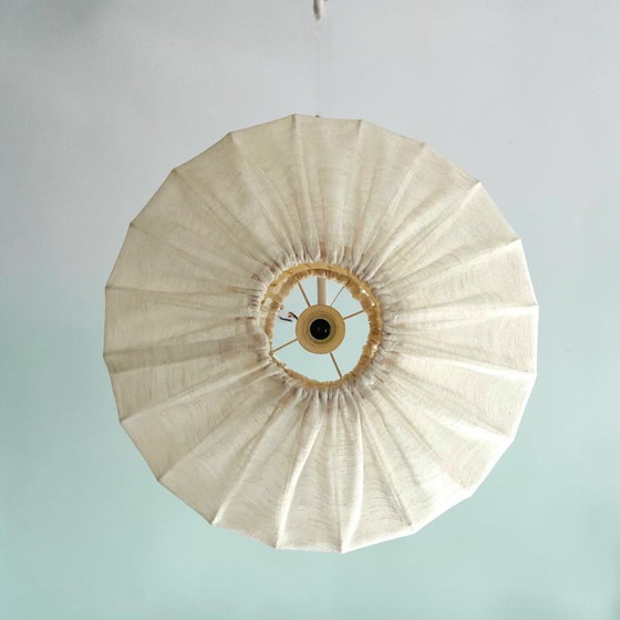 Image 1 of Japandi style wrapped fabric and teak wood hanging lamp shade, Sweden 1950s-60s