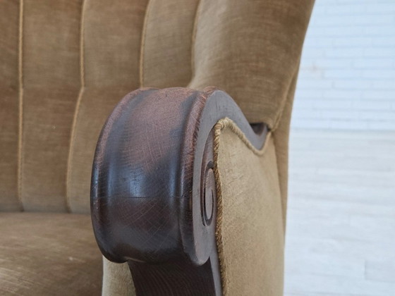 Image 1 of 1960s, Danish armchair, original green furniture velour, carved oak wood.