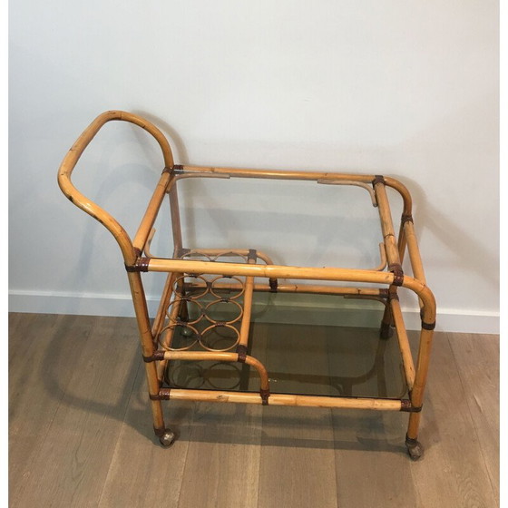 Image 1 of Rattan and leather vintage cart, France 1950