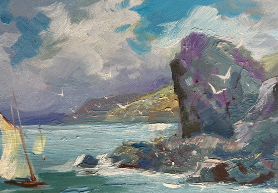 Image 1 of Originales Ölgemälde: Küstenlandschaft mit Möwen und felsigem Ufer im Meer