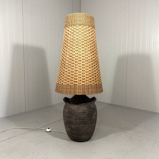 Large pottery floor lamp with rattan shade 1960's