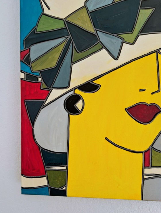 Image 1 of Patricia KLEYMAN - Ritratto di una graziosa giovane donna con un cappello bianco - Dipinto dell'artista