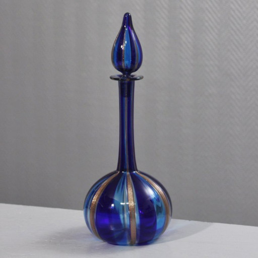 Vintage Murano glazen karaf uit de jaren 70 in de stijl van Archimede Seguso, kobaltblauw en goud