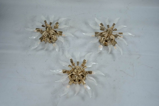 Set of three ceiling lamps in brass and crystal. Italy 1970s, Ceiling lights, Gold (photo 2 of 17)