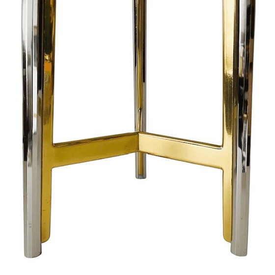 Image 1 of Vintage Italian mid-century Hollywood Regency stool brass chrome fake fur 1950s