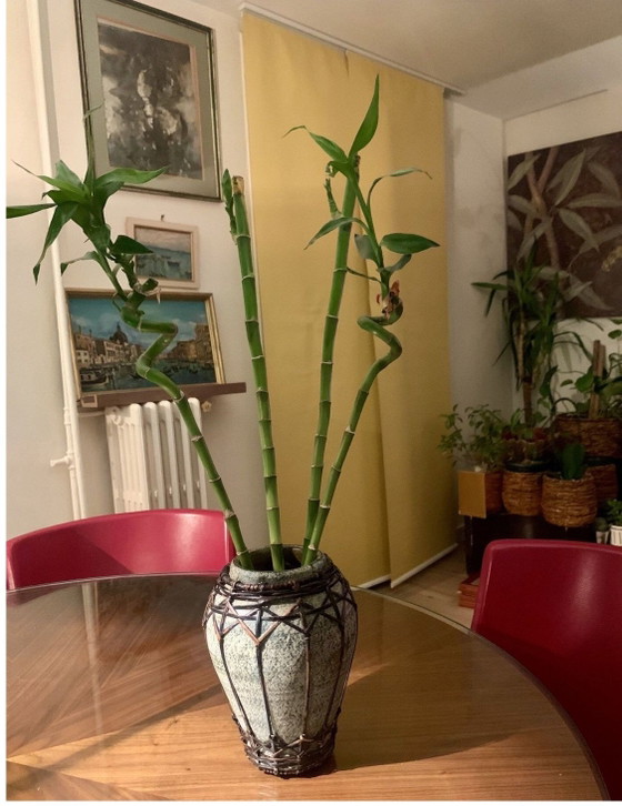Antique Japanese Stoneware and Braided Bamboo Vase - Wabi-Sabi / Mingei Style, Ceramic, Multi Color (photo 2 of 10)