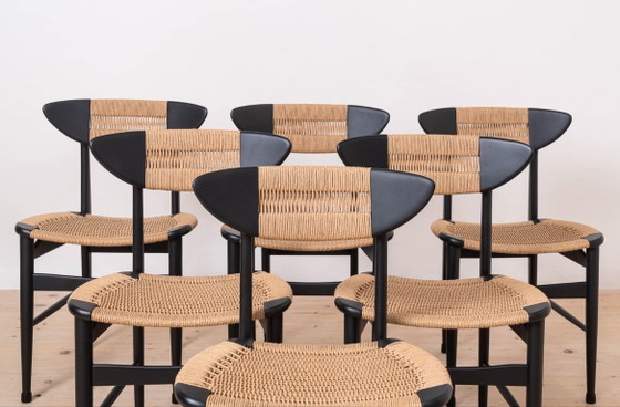Image 1 of Set van 6 Scandinavische moderne eetkamerstoelen, met touwzitting en -rugleuning, jaren 60