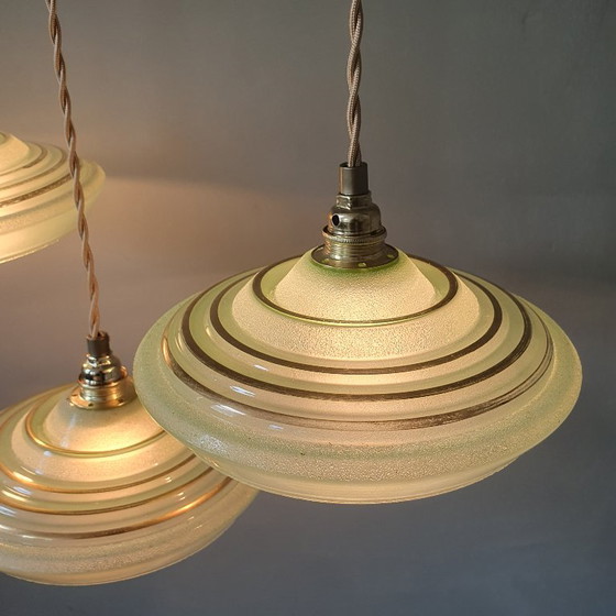 Set of 3 Antique Pendant Lights of Opaline Glass in Green, with Crushed Glass and Gold Decoration (photo 11 of 20)