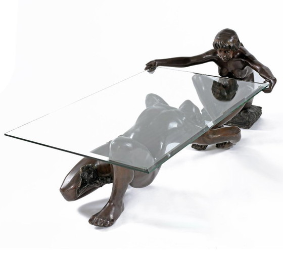 Image 1 of C. Conndray Bronze Figural Sculpture Coffee Table with Glass Top