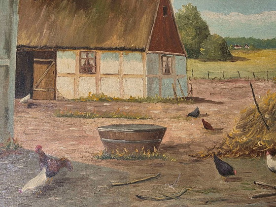 Large Vintage Oil Painting - Sunlit Farmyard with Chickens – Paintings & Drawings, Canvas (photo 10 of 12)