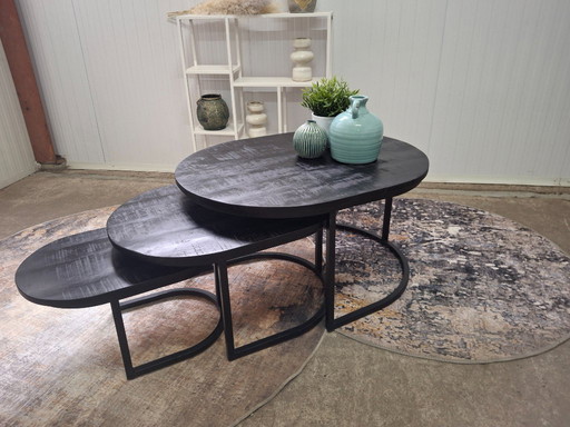 Stoere salontafelset ovaal van mangohout en metaal, nieuw