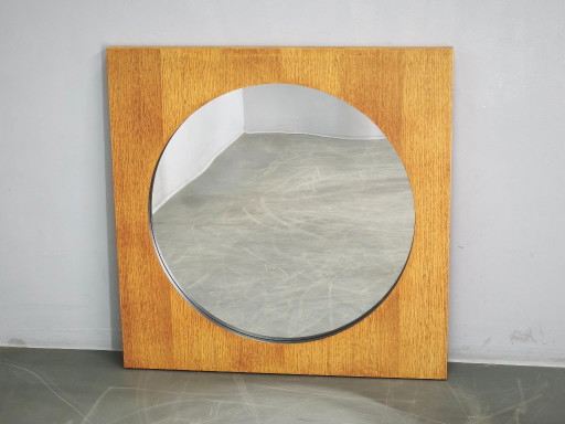 Vintage tschechischer quadratischer Spiegel aus Eichenfurnier mit kreisförmigem Glas, 1970er Jahre