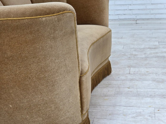 Image 1 of 1960s, Danish "Banana" 2-seater sofa, green furniture velour, oak wood.