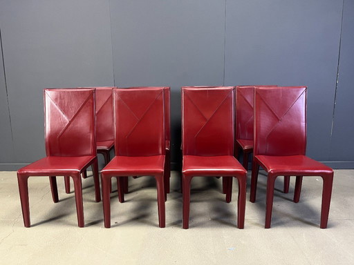 Red leather dining chairs by Roche Bobois France, 1980s - set of 8