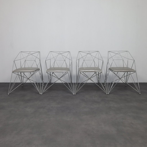 4x Geometric wire frame dining chairs, Rare