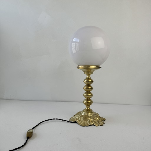 Ancienne Lampe A Poser Laiton Et Opaline Vintage