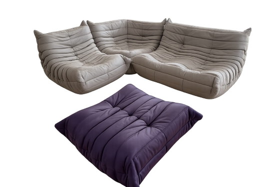 Canapé d'origine Ligne Roset en cuir Togo — Ensemble 4 pièces — Diva Lin/Indigo — avec documentation (photo 4 of 15)